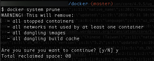 output after docker system prune command.