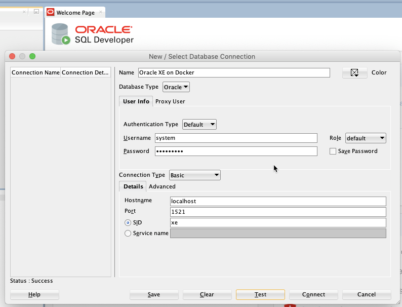 Connection from PL/SQL Developer tool to the Oracle XE DB running on docker.